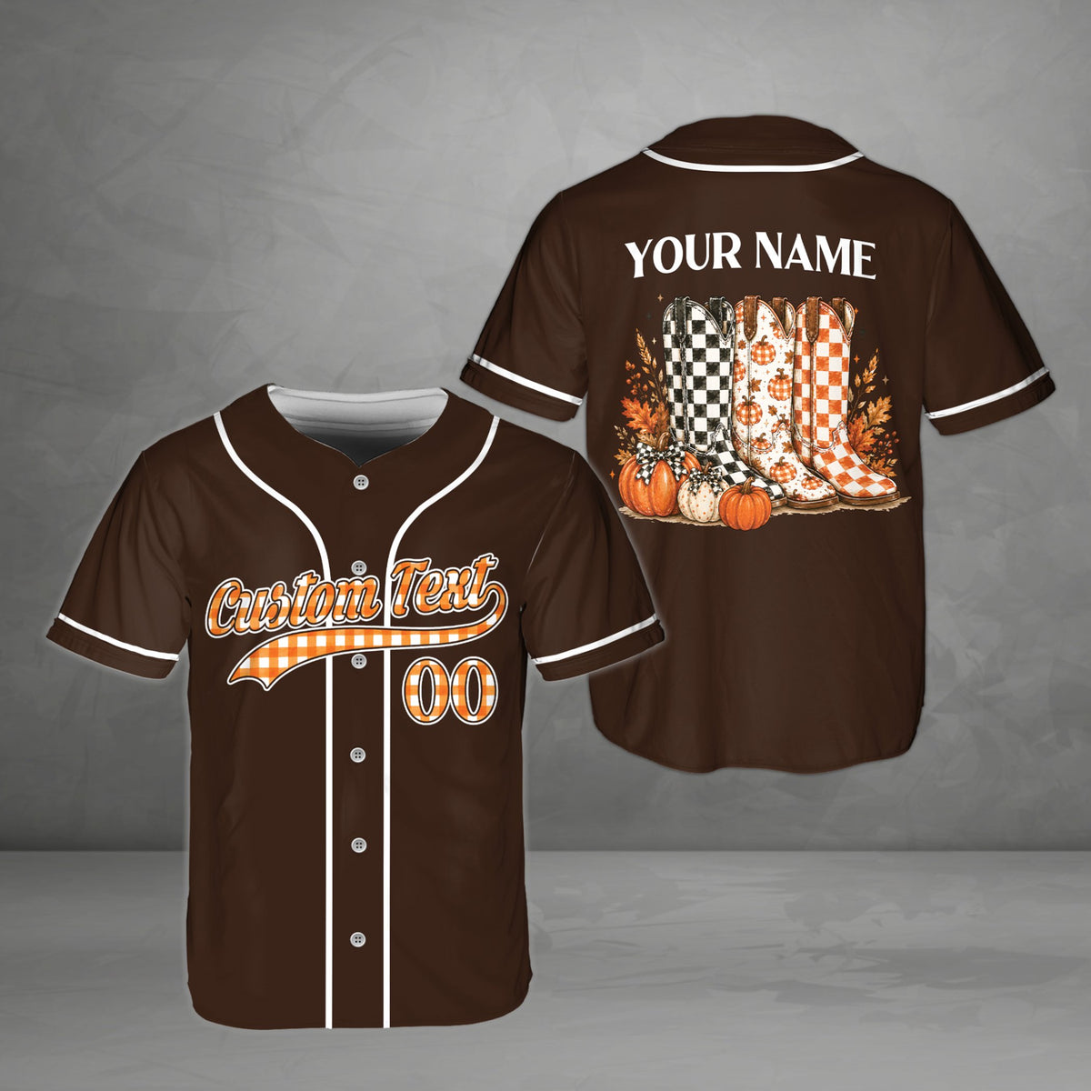 Front view of the western fall baseball jersey featuring custom text and retro orange plaid font
