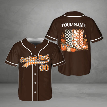 Front view of the western fall baseball jersey featuring custom text and retro orange plaid font