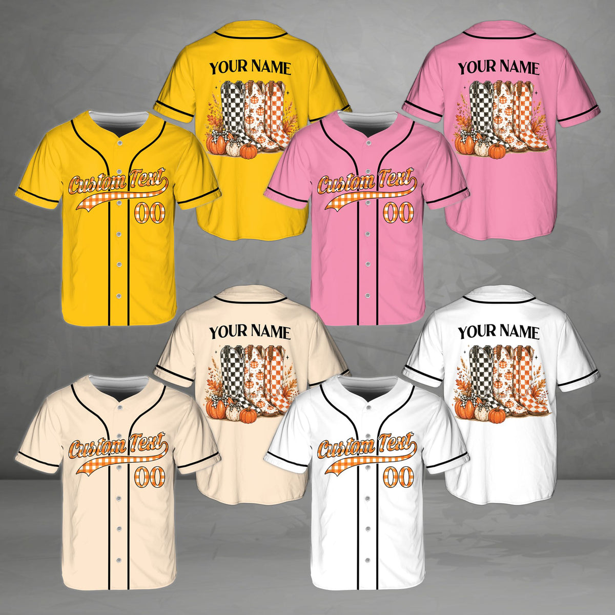 Close-up detail of the custom name and western fall graphics on the baseball jersey
