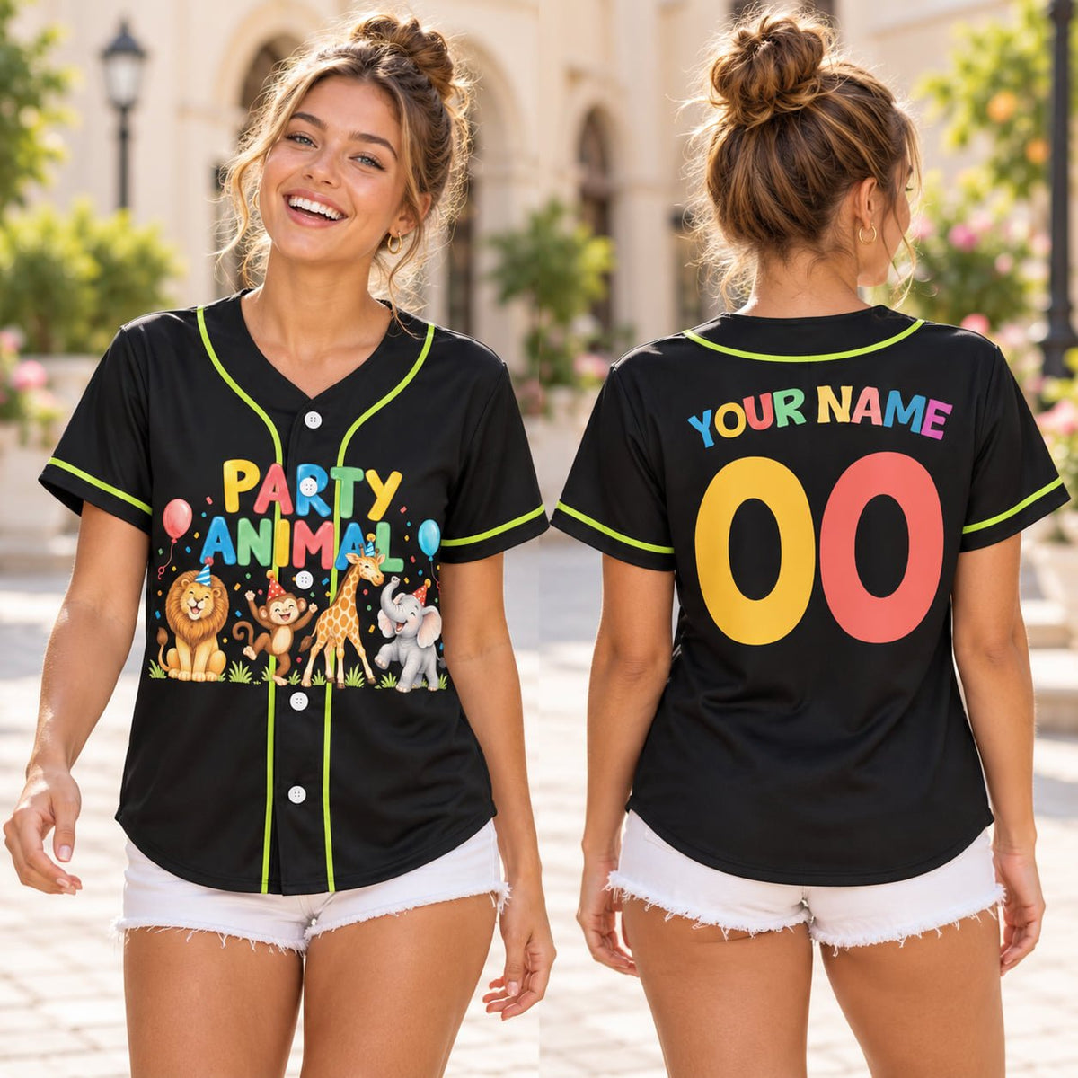 Personalized black zoo birthday baseball jersey with party animal design, front view