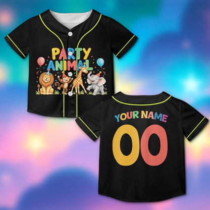Personalized black zoo birthday baseball jersey with party animal graphic, alternate front view