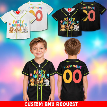 Lifestyle view of a person wearing the personalized zoo birthday baseball jersey