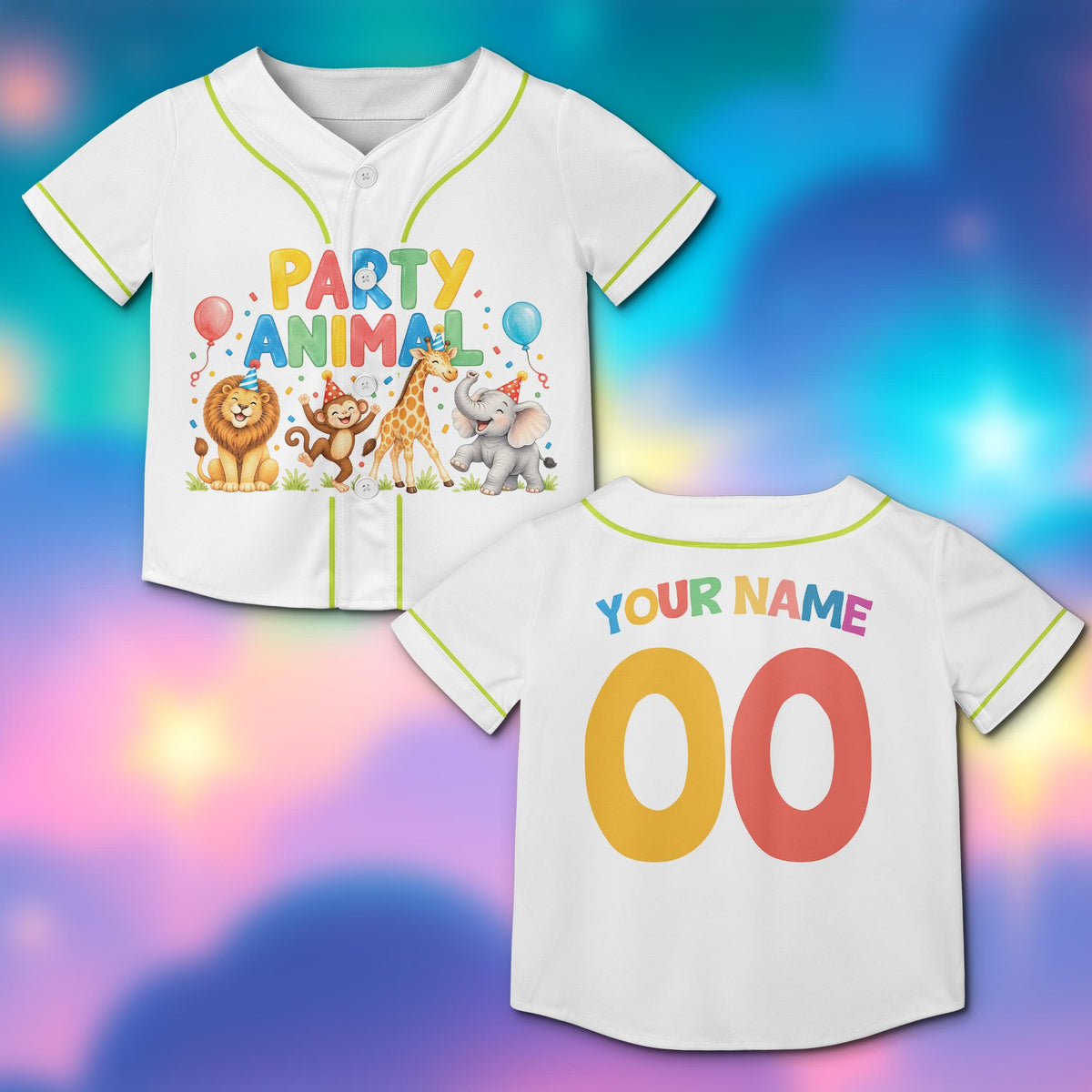 Personalized white zoo birthday baseball jersey featuring cartoon animals and custom name, main view