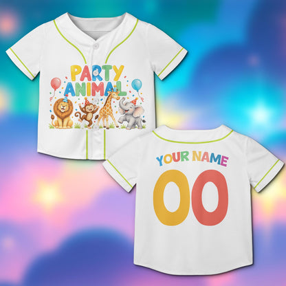 Personalized white zoo birthday baseball jersey featuring cartoon animals and custom name, main view