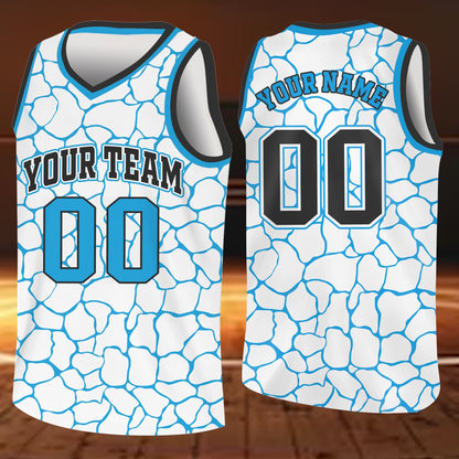 Detailed front view of white abstract basketball jersey