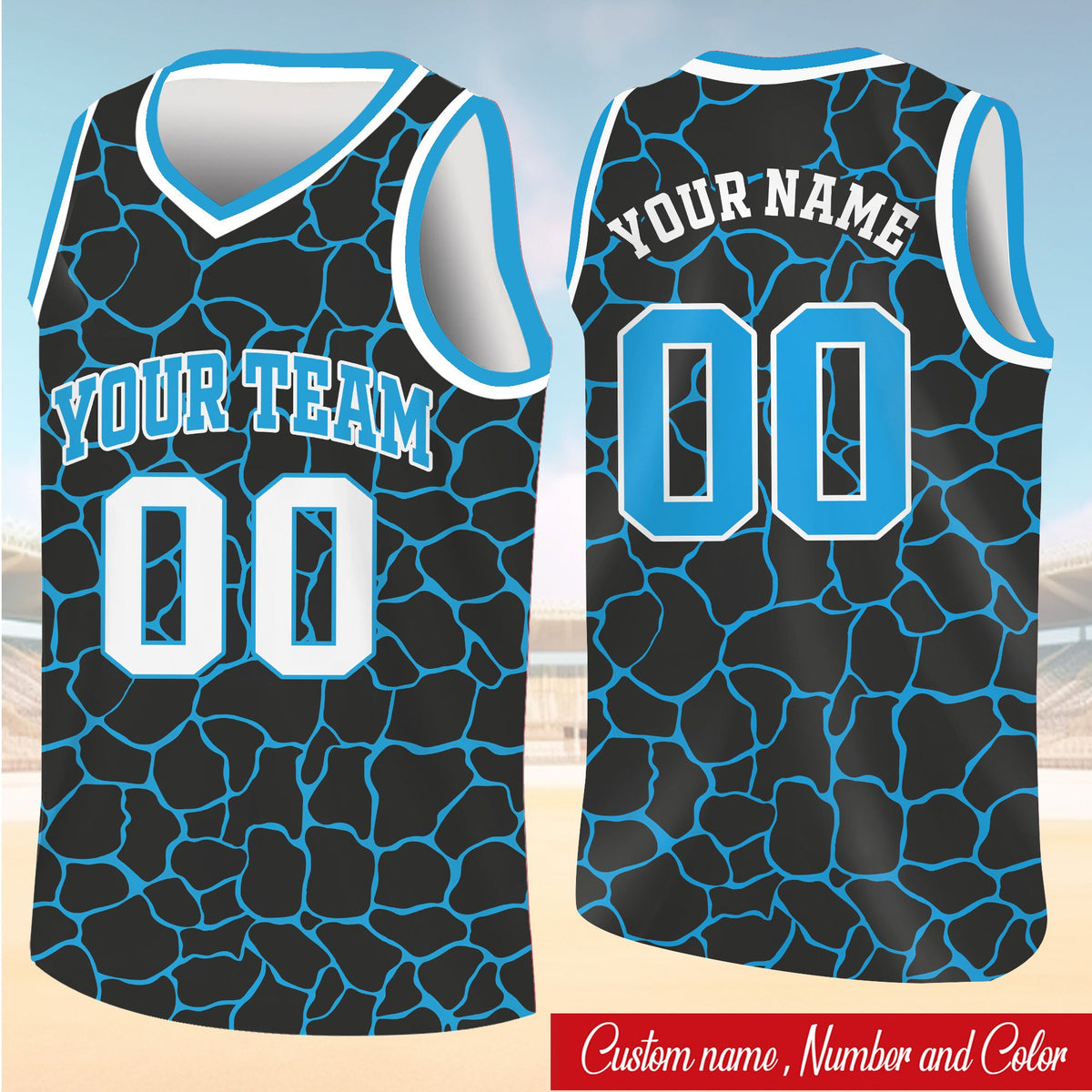 Flat lay view of personalized white animal print basketball jersey