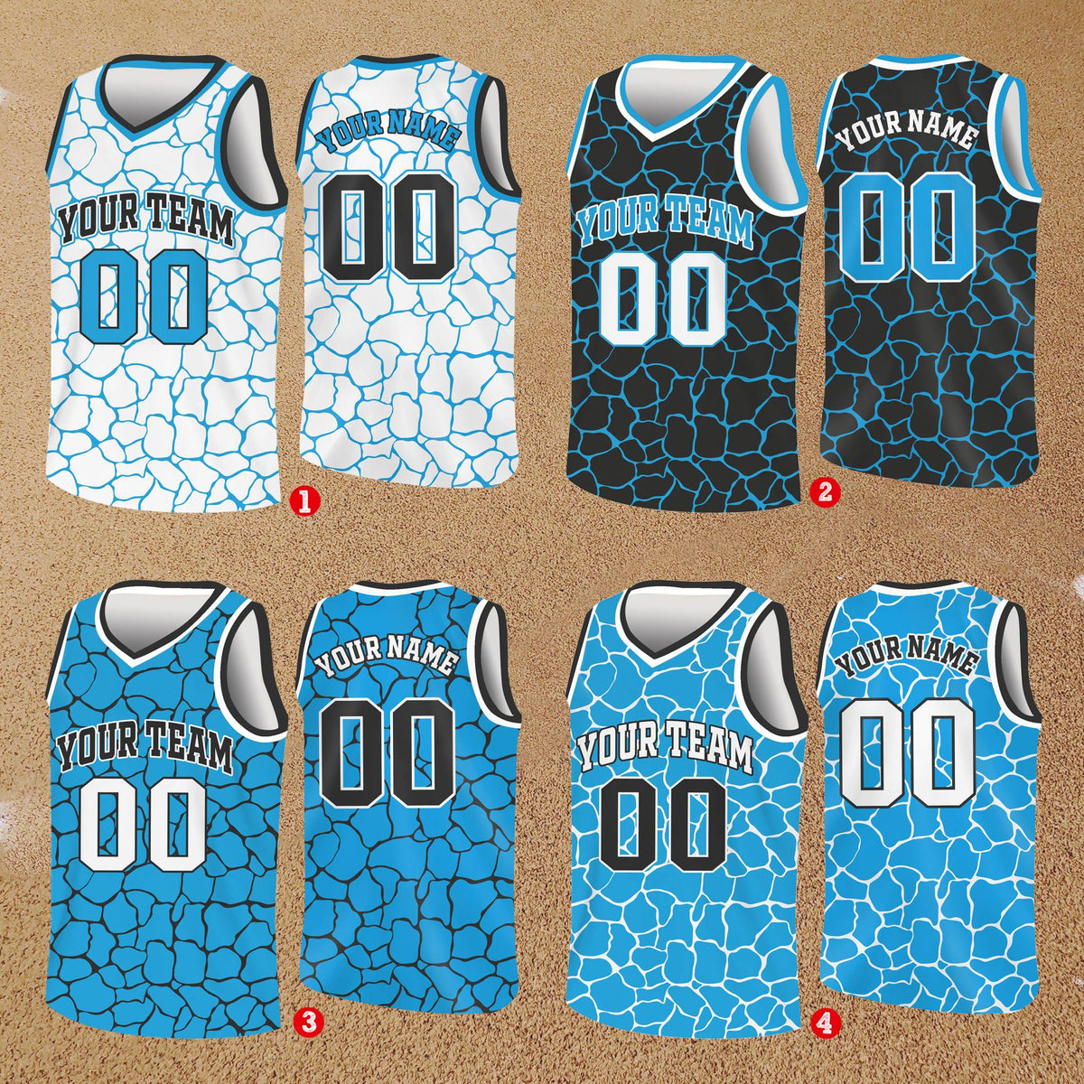 Front view of personalized white animal print basketball jersey