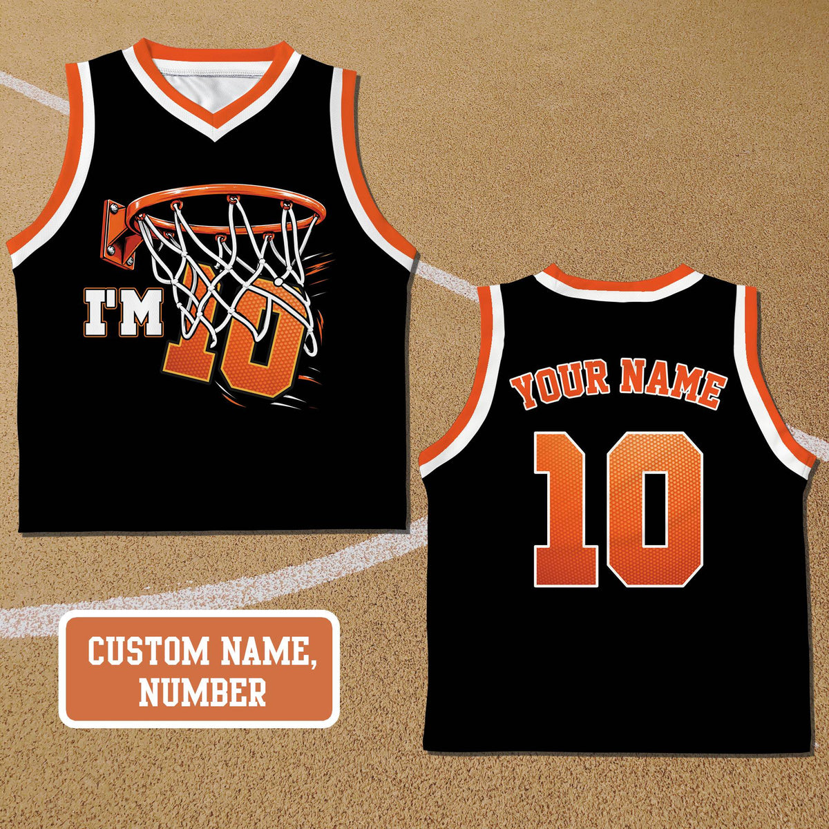 Black personalized basketball birthday basketball jersey with custom name and number, main view