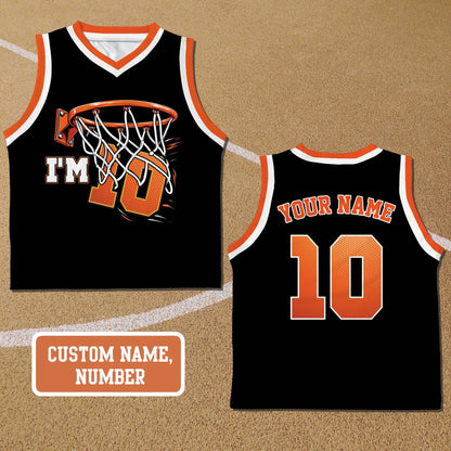 Black personalized basketball birthday basketball jersey with custom name and number, main view