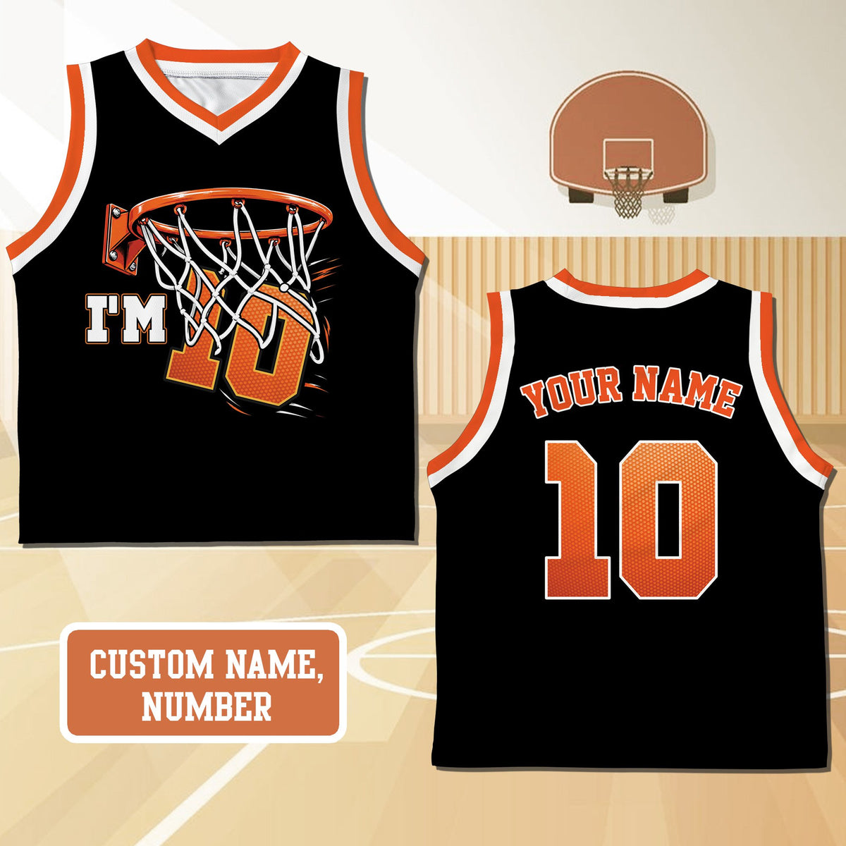 Additional front view of personalized black birthday basketball jersey