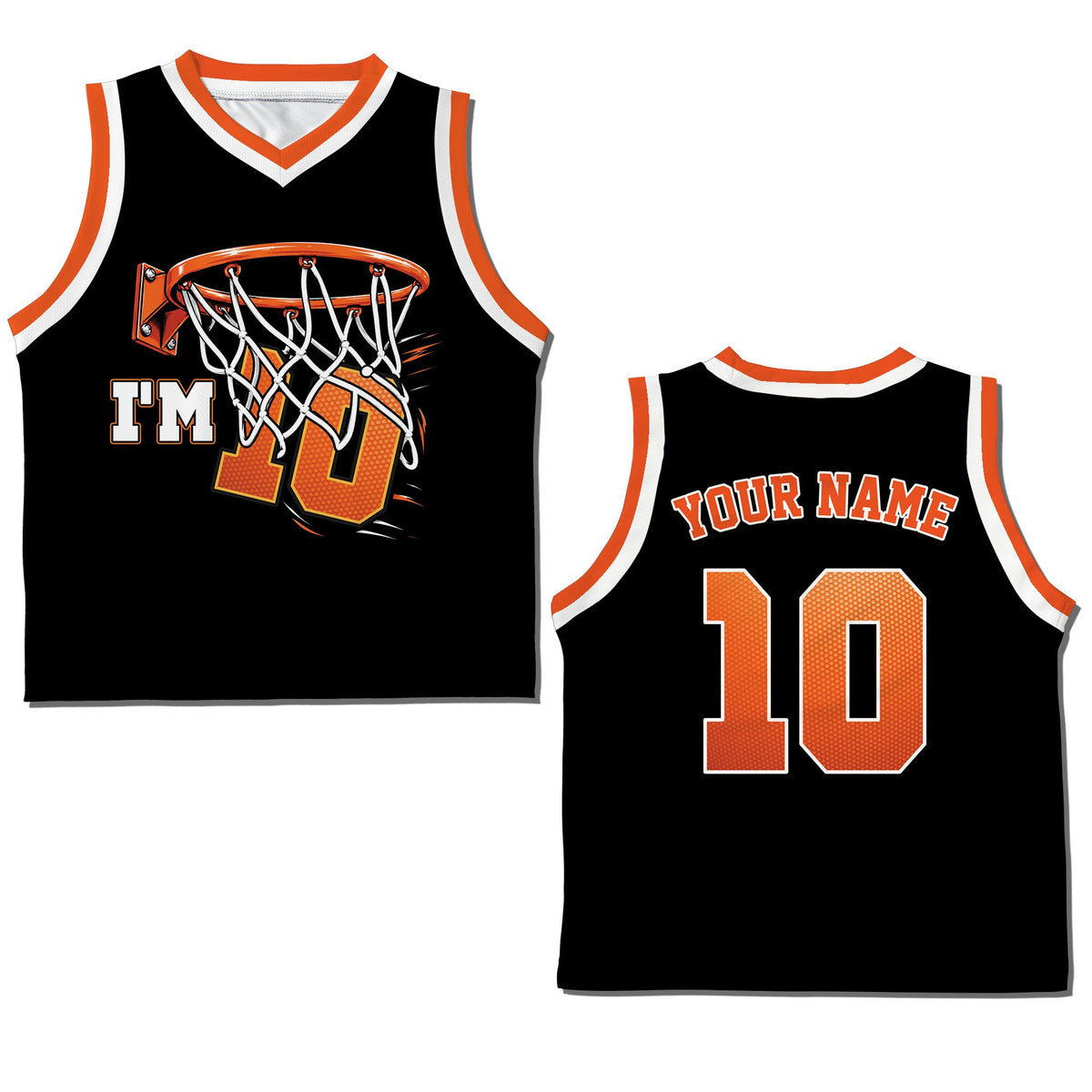 Front view of black and orange custom basketball jersey with I'M 10 graphic