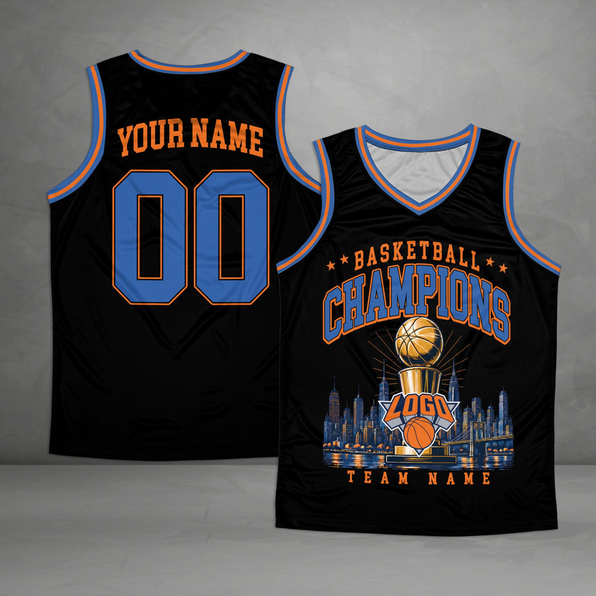 Personalized black basketball jersey with champions trophy design, front view