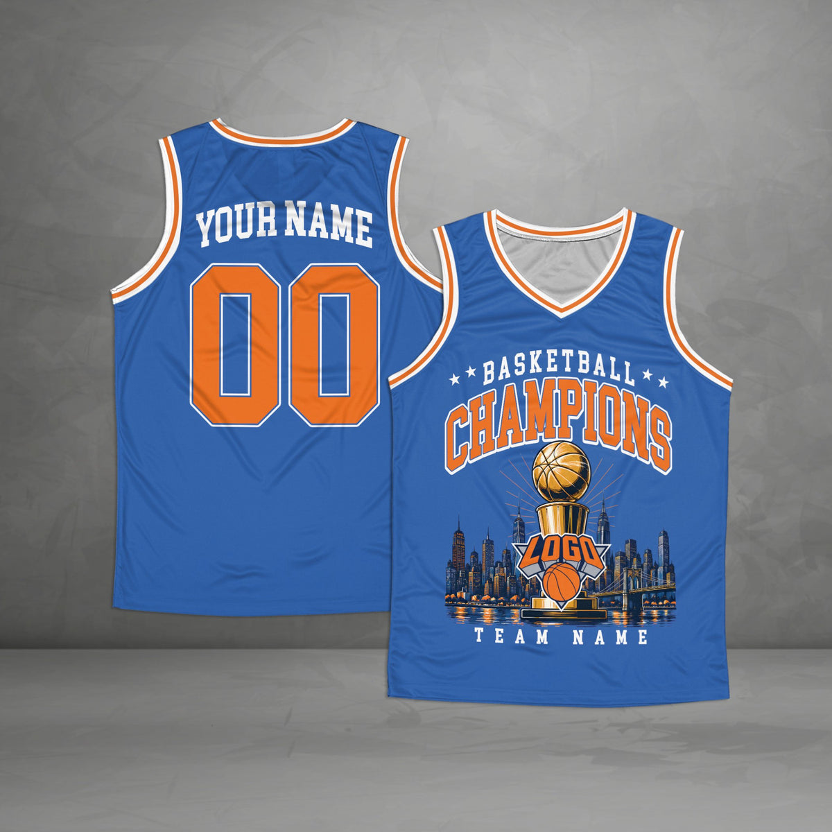 Blue solid basketball jersey showcasing champions design, front view