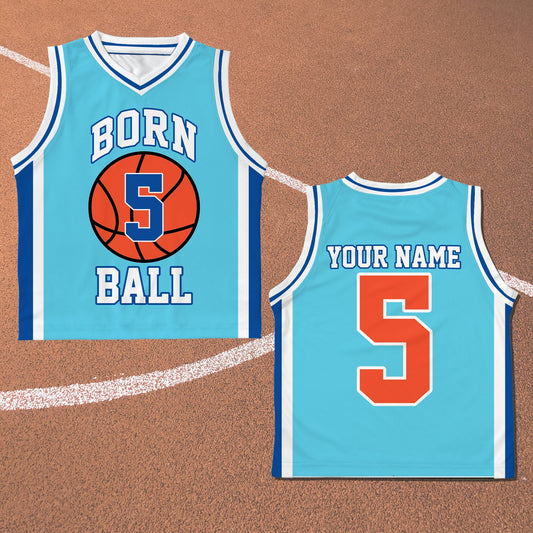 Main view of the personalized blue stripes basketball jersey featuring custom name and number