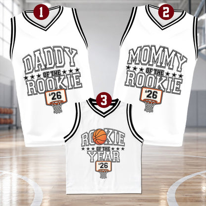 Second lifestyle view of a personalized white family basketball jersey in a casual setting