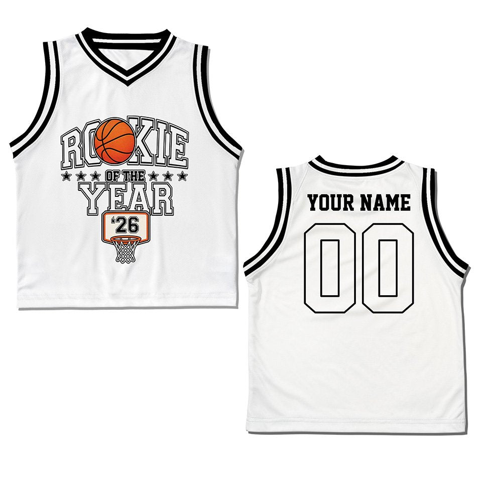 Front view of the white family basketball jersey with Mommy of the Rookie text