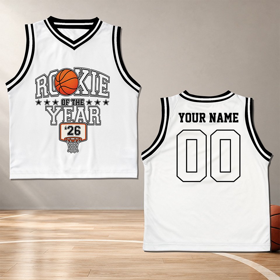 Front view of the personalized basketball jersey with Rookie of the Year text