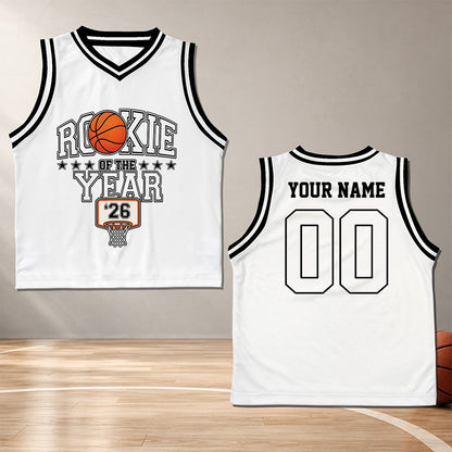 Front view of the personalized basketball jersey with Rookie of the Year text