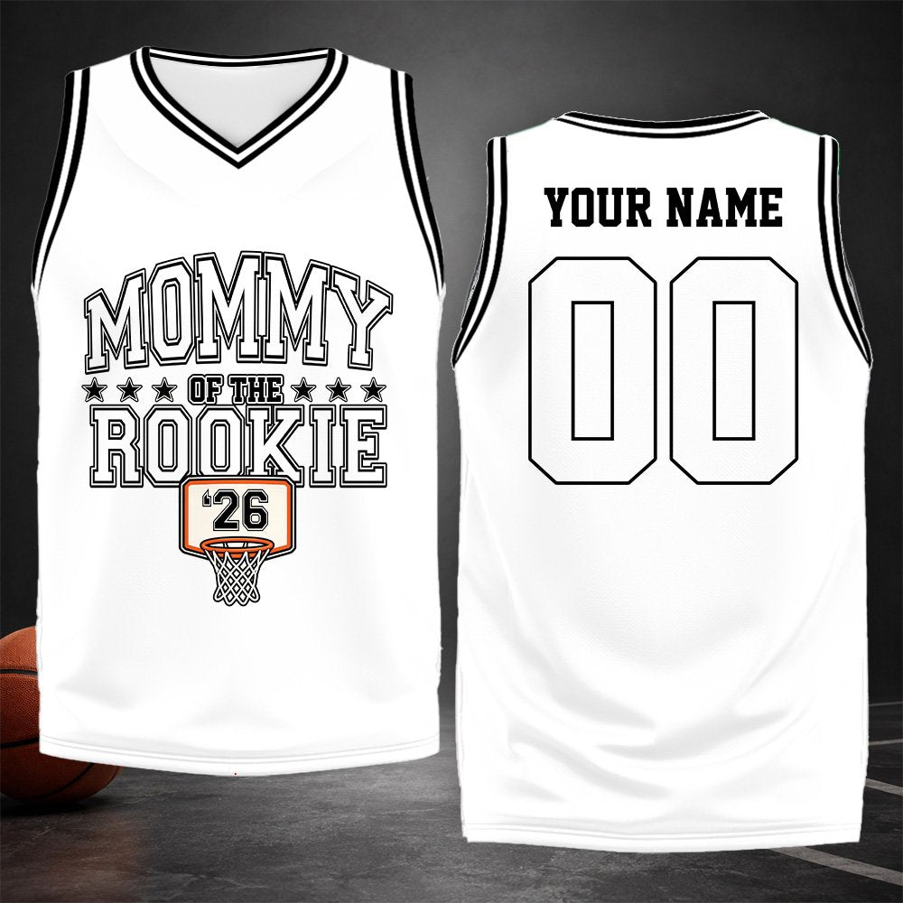 Front view of the personalized white family basketball jersey