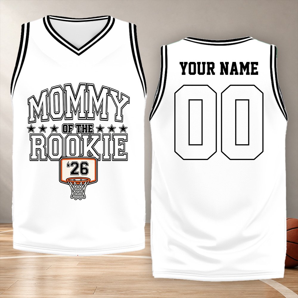Front view of the personalized basketball family basketball jersey showing the striped trim