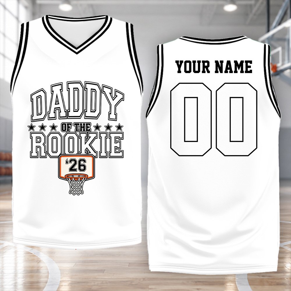 Front view of the white family basketball jersey with Daddy of the Rookie text