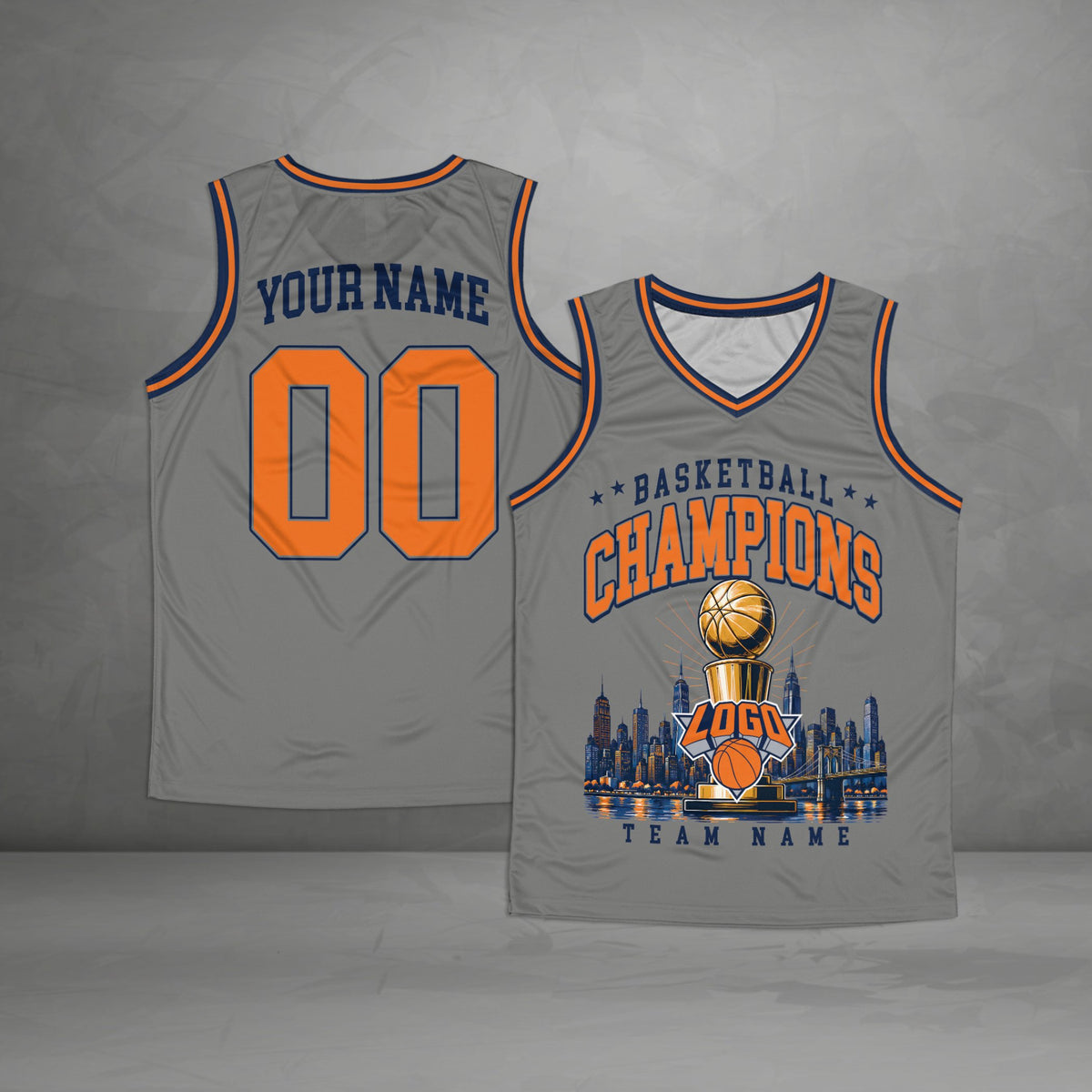 Gray basketball jersey custom name and number design, front view