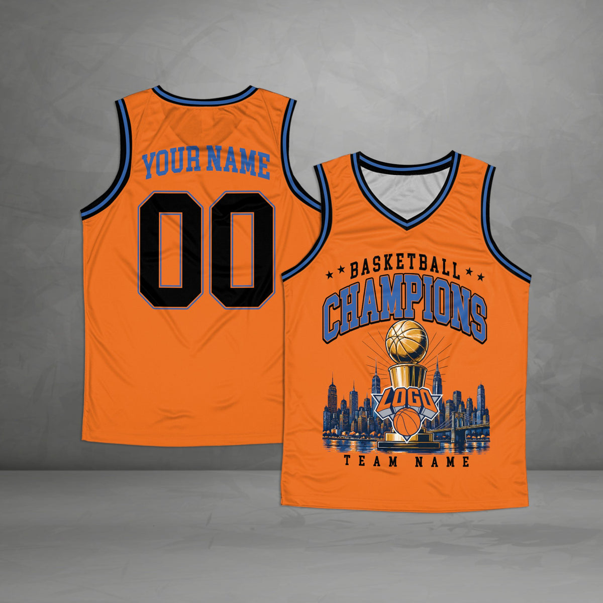 Custom basketball jersey in orange with champions skyline graphic, front view