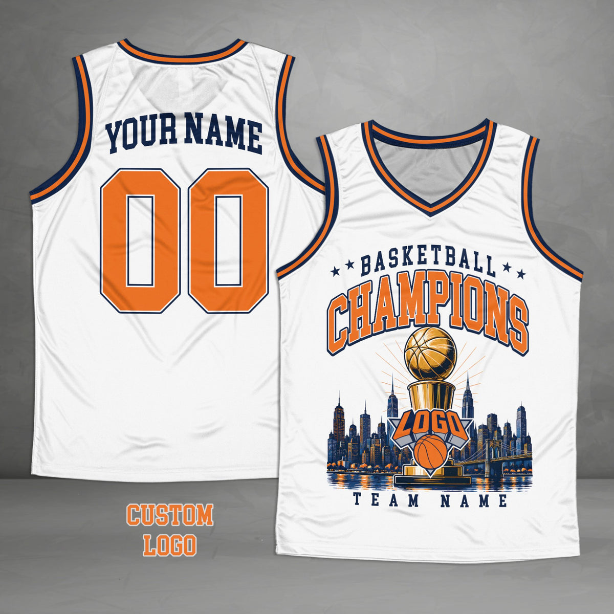 Solid basketball jersey in white featuring champions skyline and custom details, front view