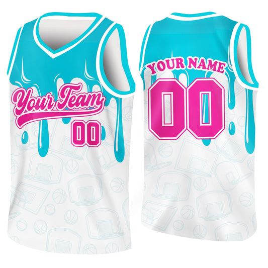 Personalized white abstract basketball jersey with colorful drip design and custom team name, main view