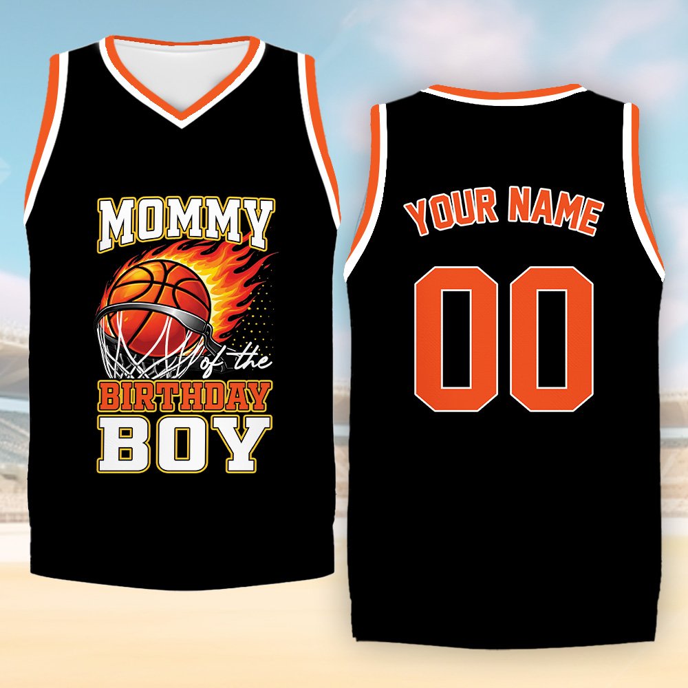 Birthday boy flaming basketball hoop design on custom jersey