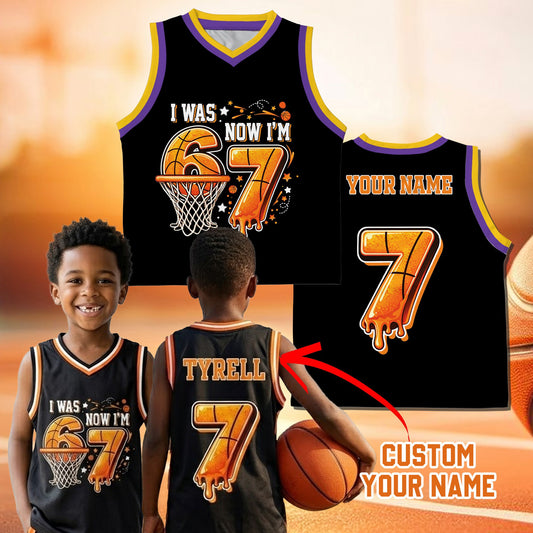 Black birthday basketball jersey with custom name and number, main view