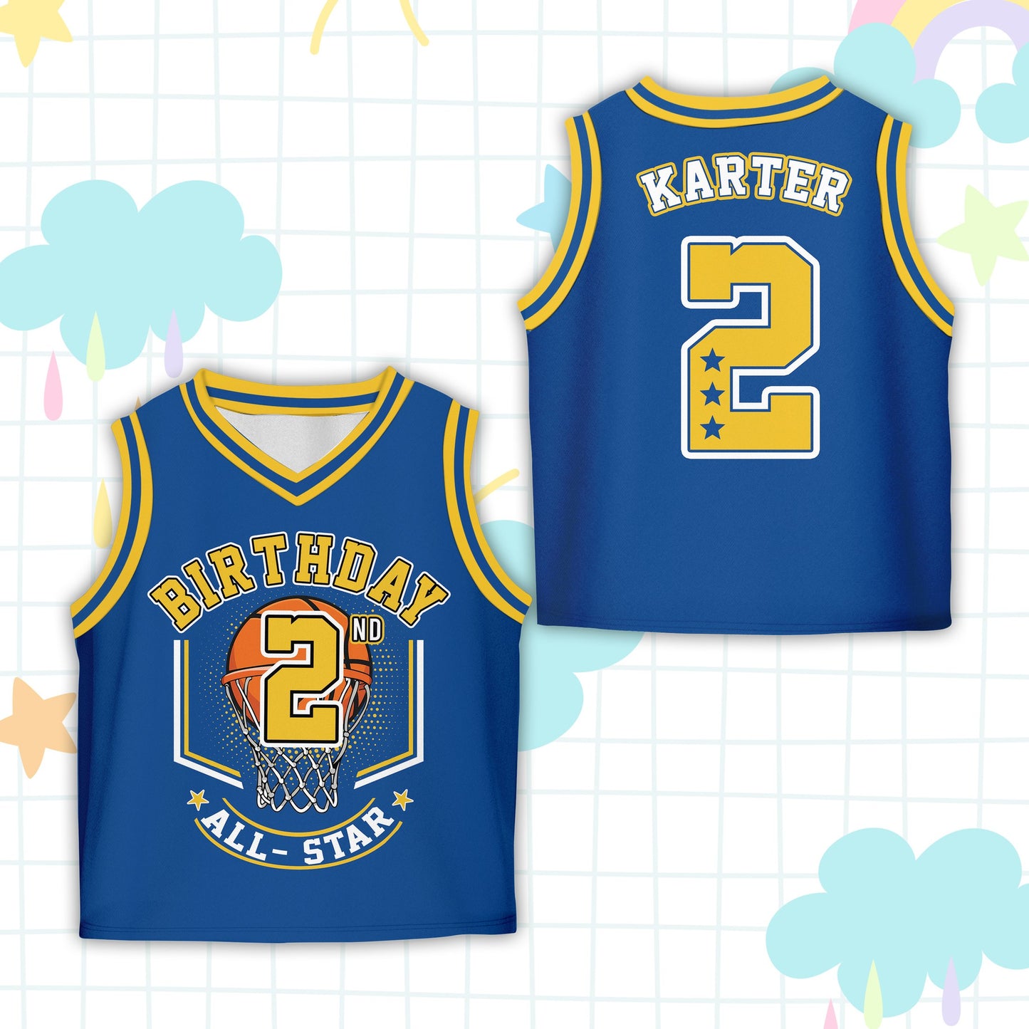 Blue personalized basketball jersey birthday theme front view