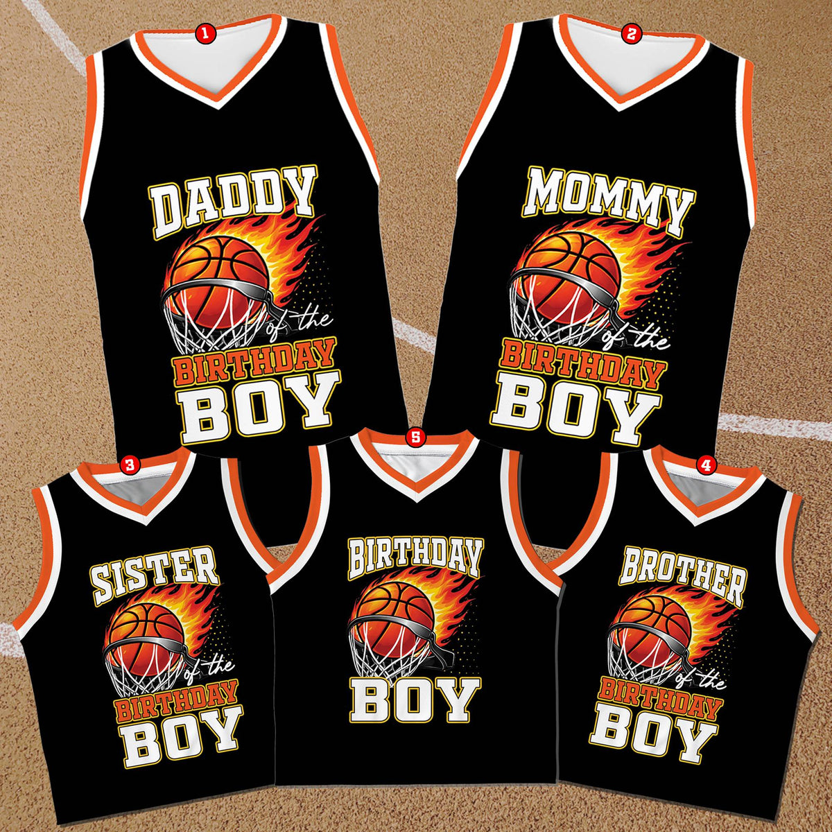 Close-up front view of the family birthday basketball jersey