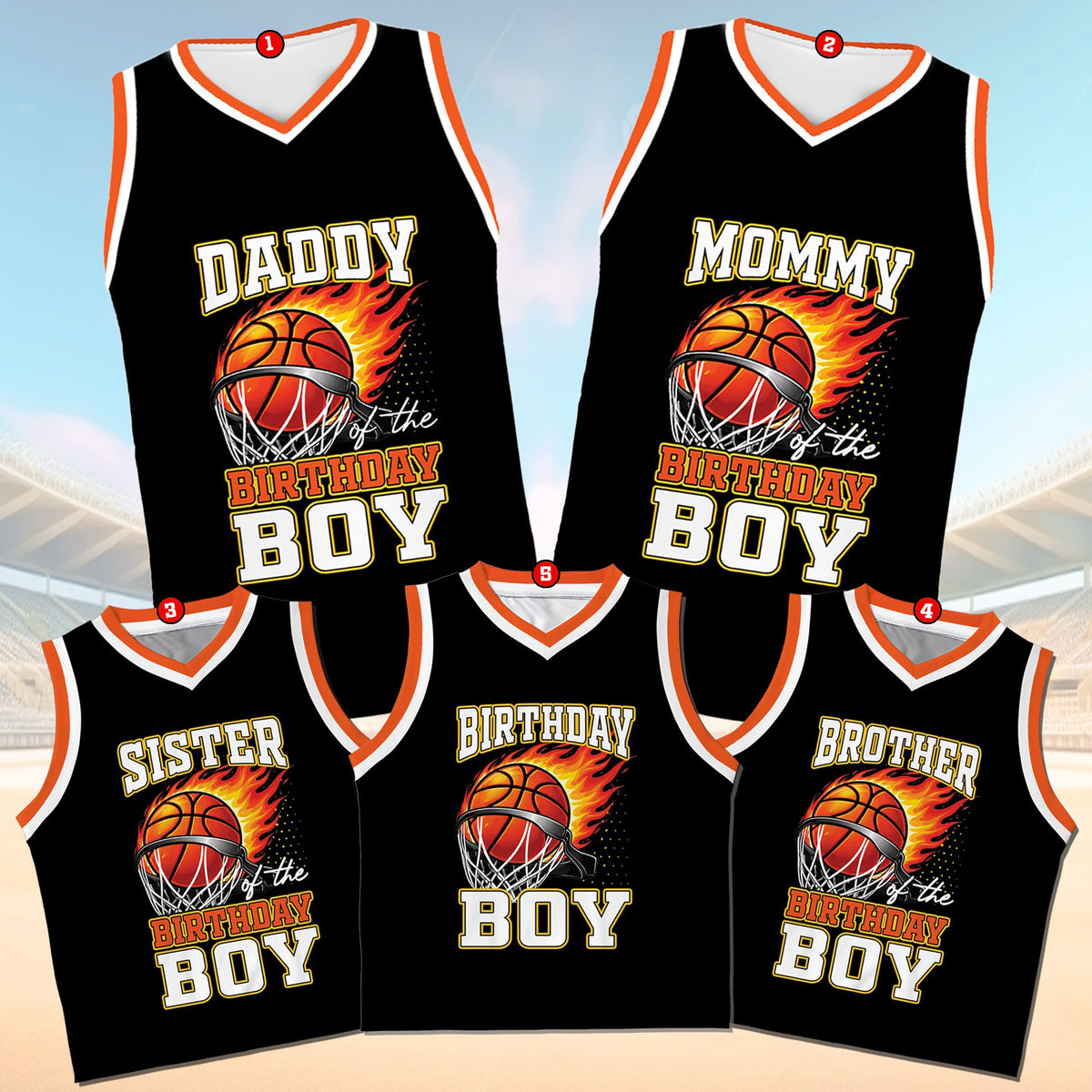 Front view of the custom birthday basketball jersey with flaming hoop design