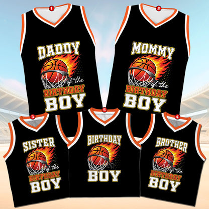 Front view of the custom birthday basketball jersey with flaming hoop design