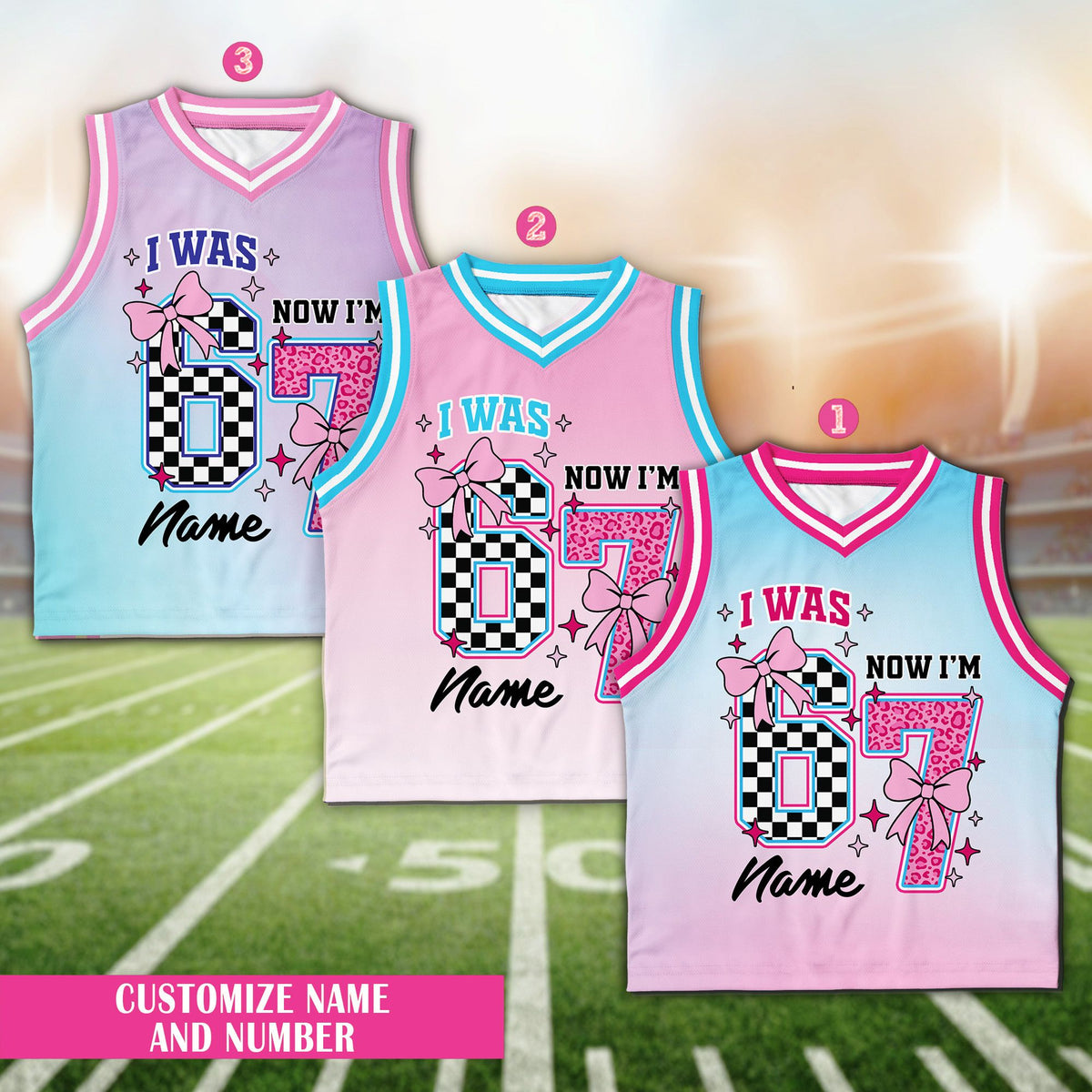 Detailed front view of the custom birthday basketball jersey showing pink bow and custom name
