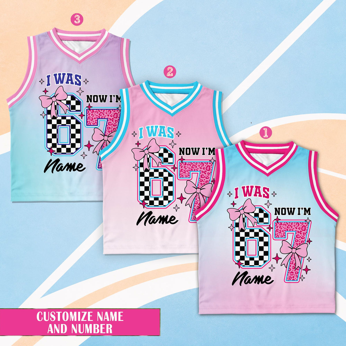 Close-up of the pastel ombre birthday basketball jersey front design