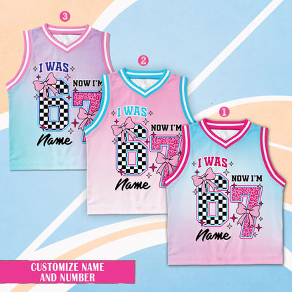 Close-up of the pastel ombre birthday basketball jersey front design