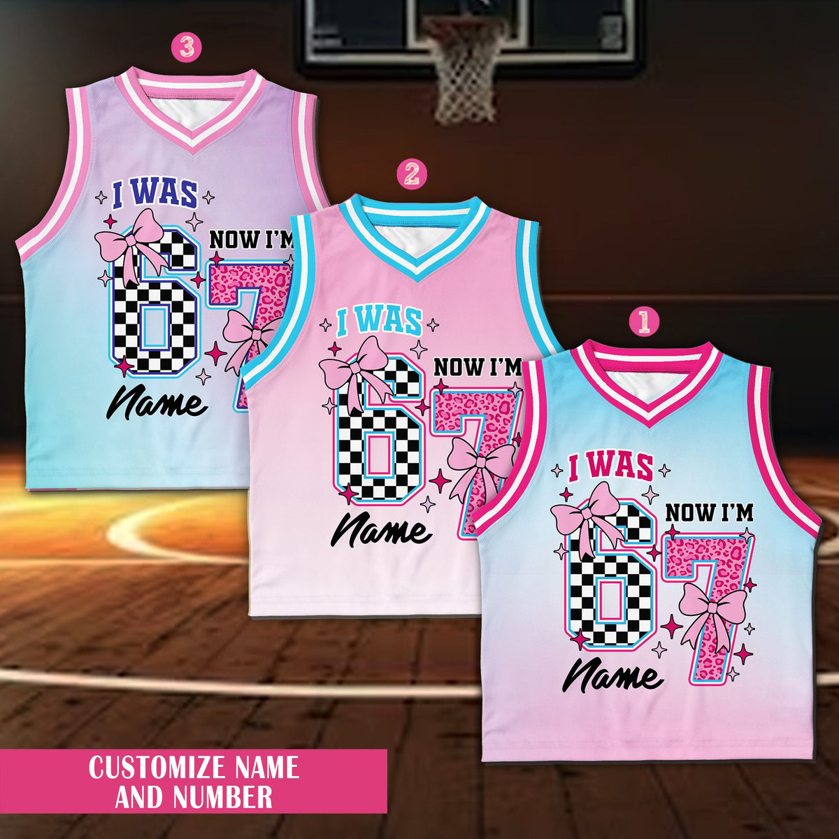 Front view of custom birthday basketball jersey with pastel ombre and 7th birthday design