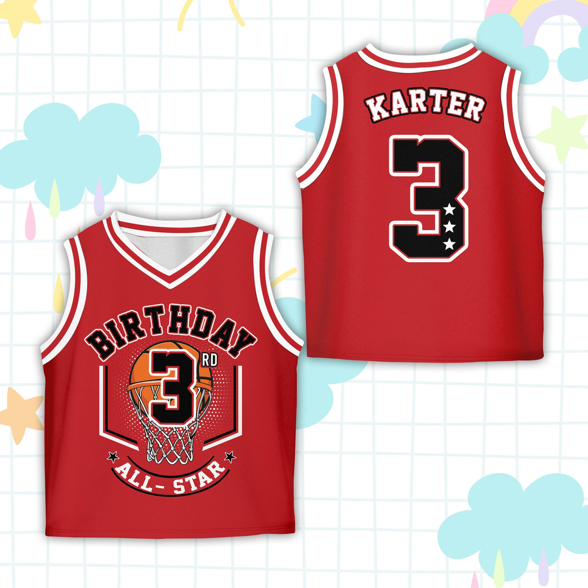 Red birthday basketball jersey front view