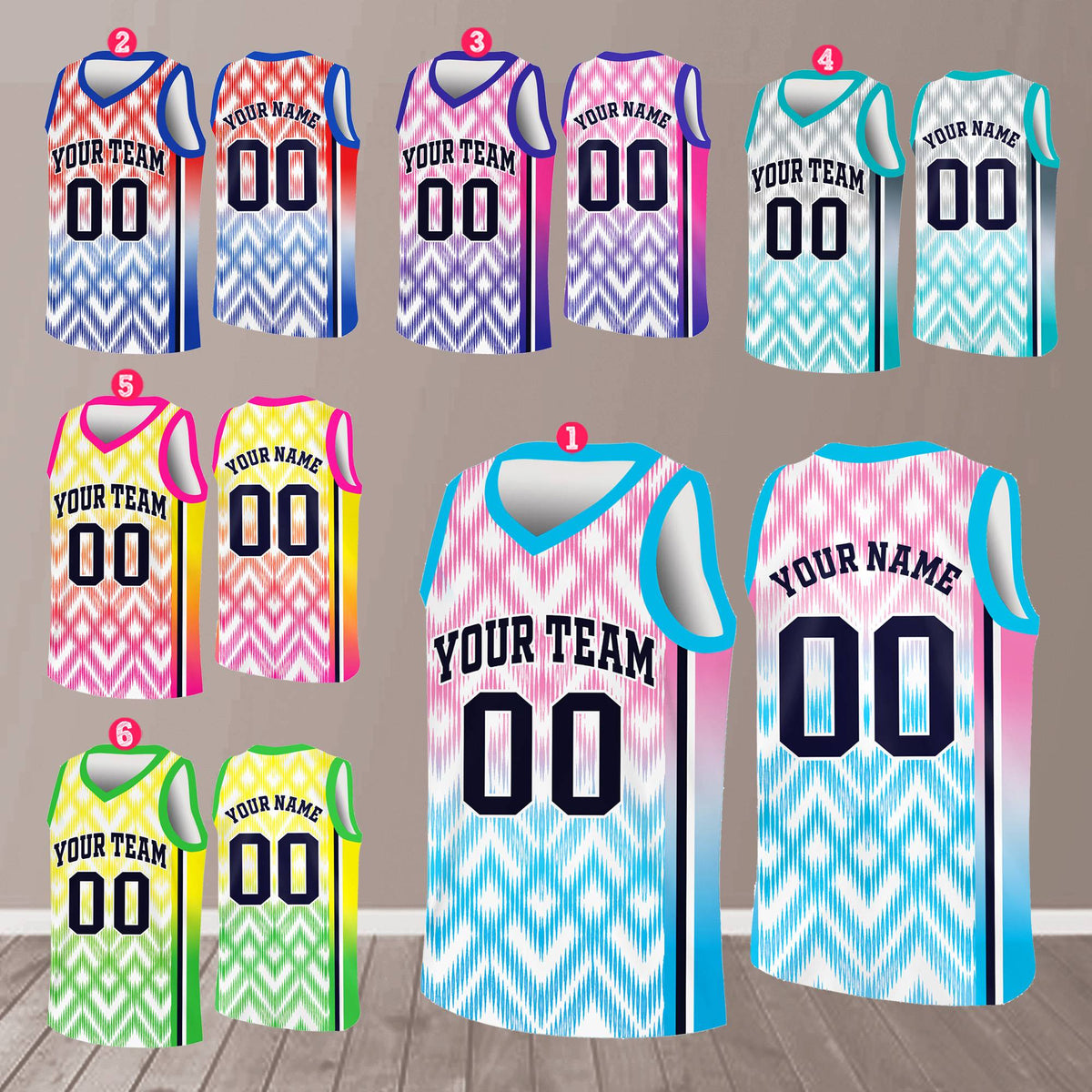 Front view of geometric chevron basketball jersey