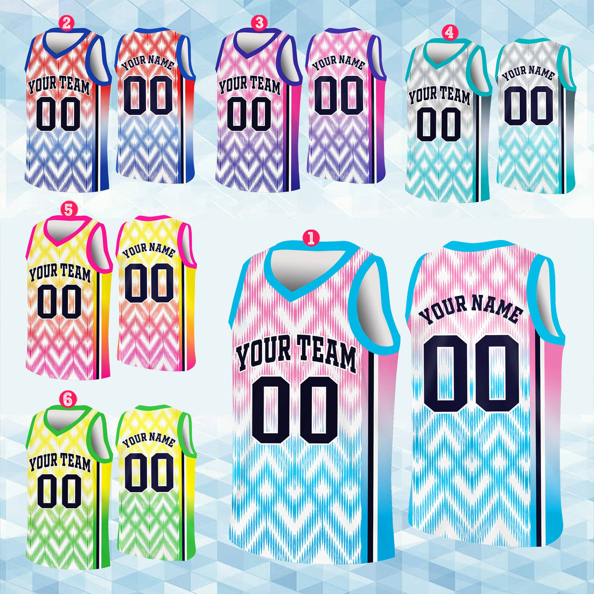 Front view of personalized chevron basketball jersey design