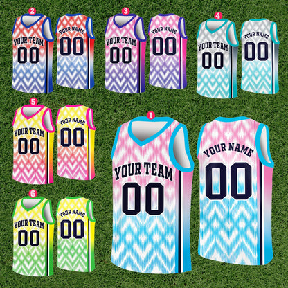 Front view of personalized chevron gradient basketball jersey in vibrant colors