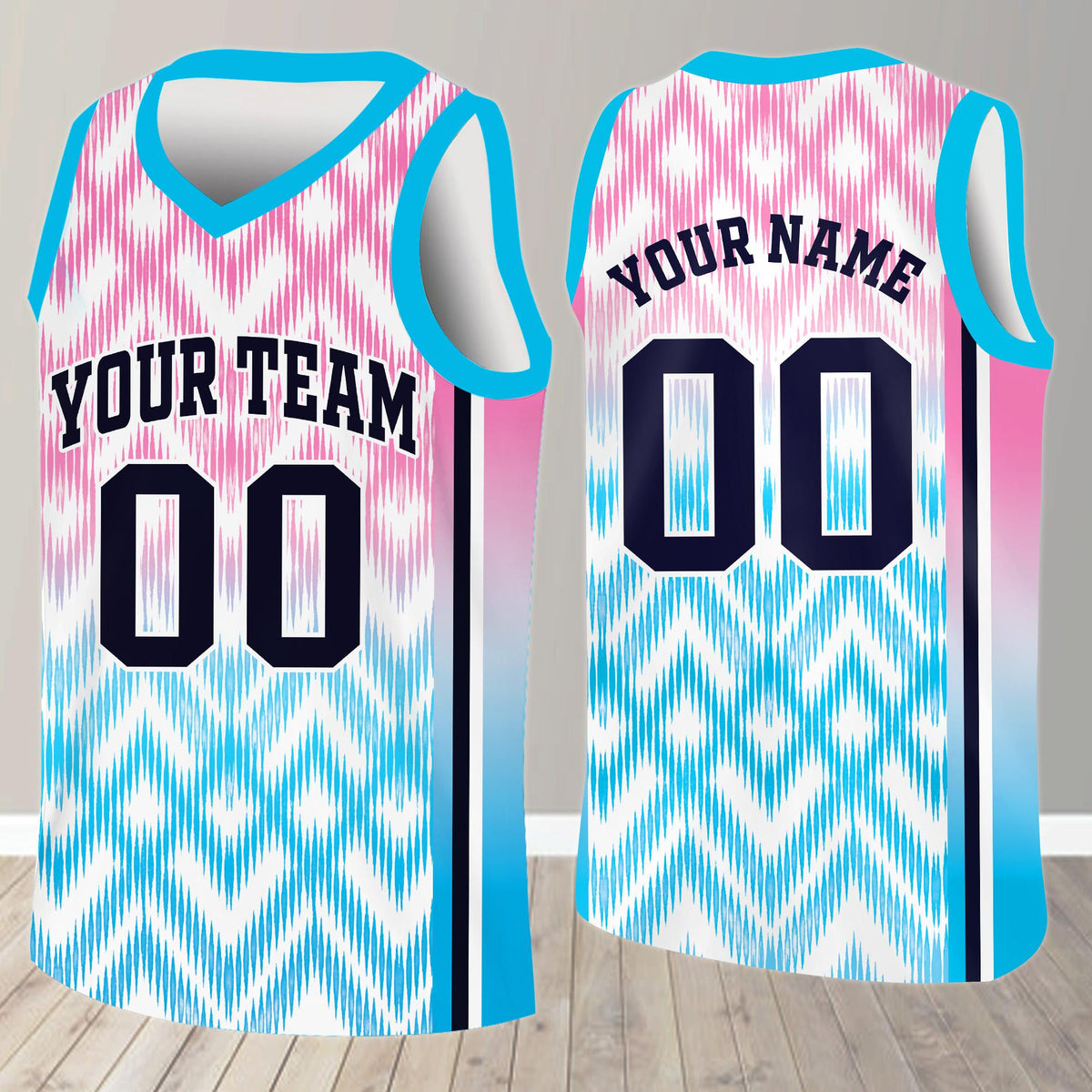Multicolor front view of custom basketball jersey