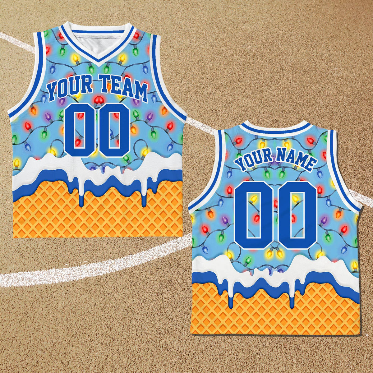 Beige accent view of the custom basketball jersey front