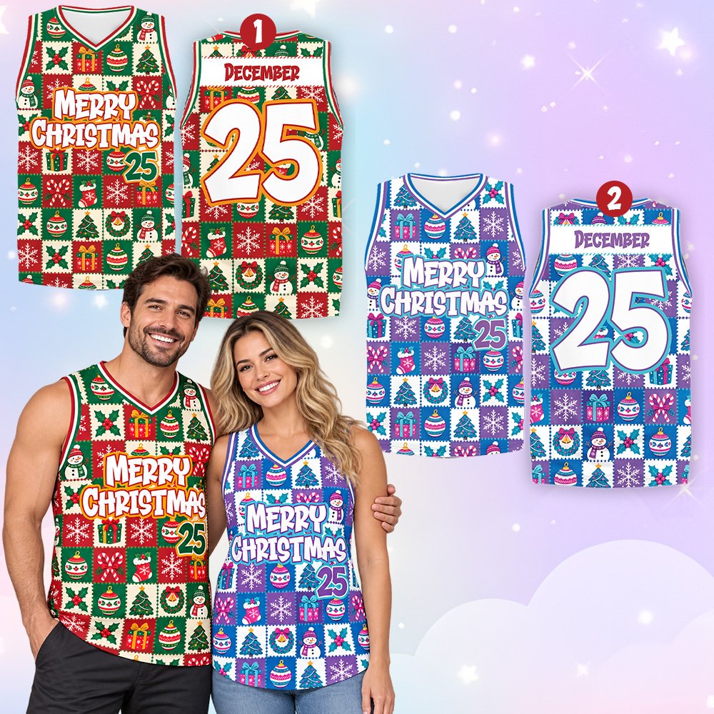 Festive multicolor patchwork pattern on a custom basketball jersey, front view
