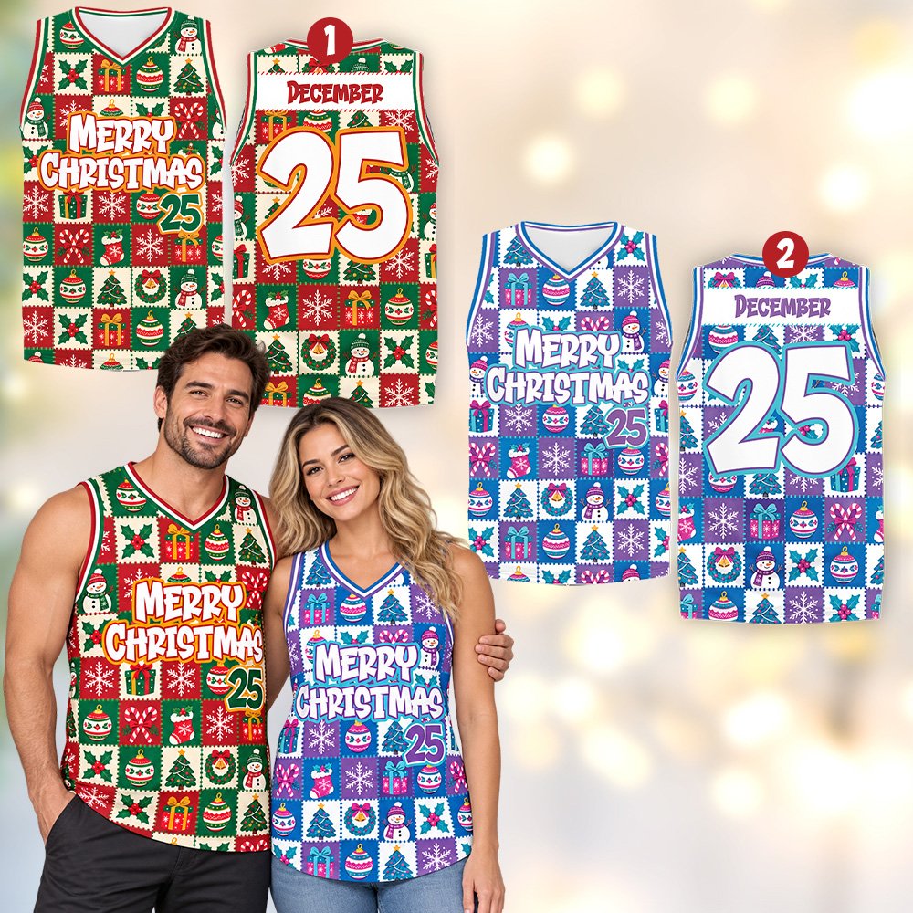 Front view of the Christmas basketball jersey displaying Merry Christmas 25