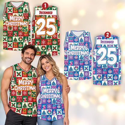 Front view of the Christmas basketball jersey displaying Merry Christmas 25