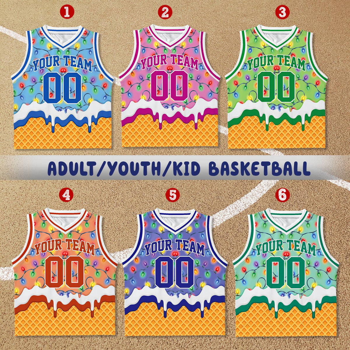 Front view of custom basketball jersey with dripping icing design