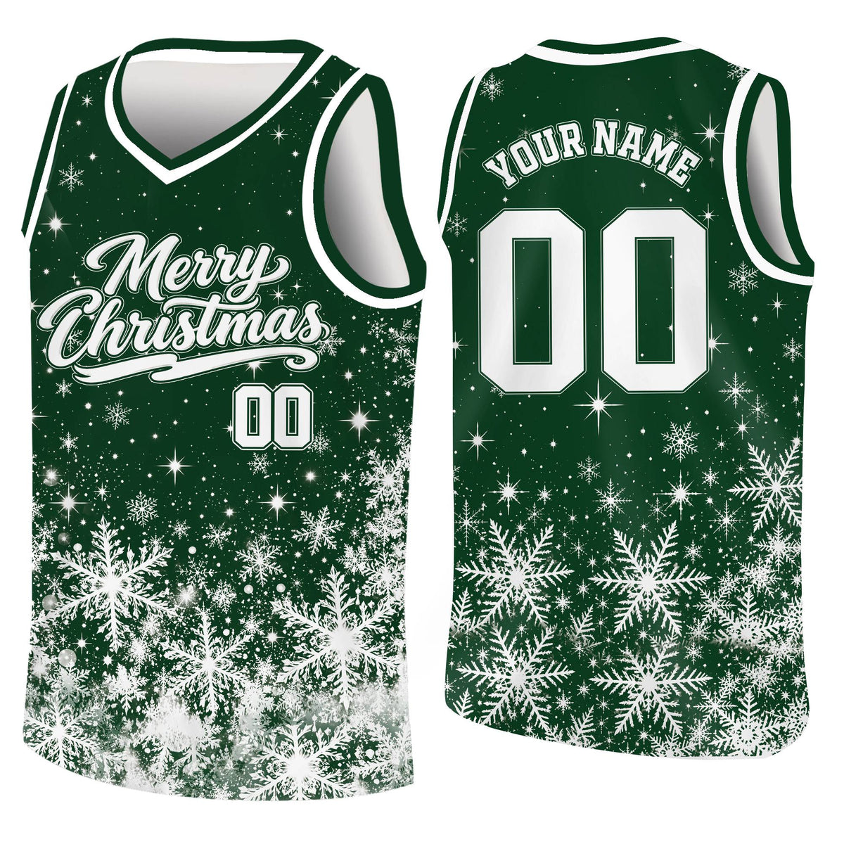 Green custom basketball jersey with snowflakes and sparkles, front view